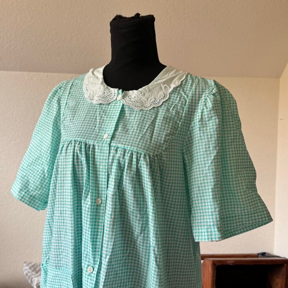 Vintage gingham lace nightgown seersucker housecoat sz L modest homesteading‎